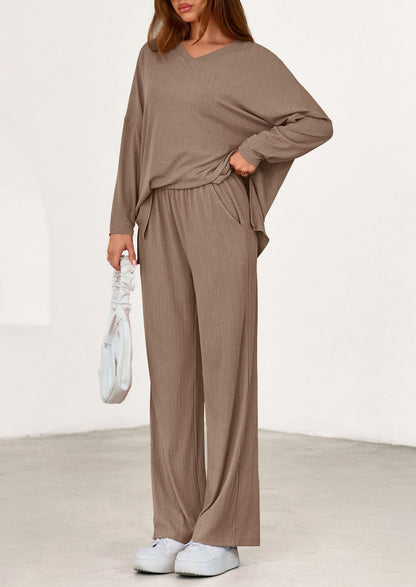 Women's Two Piece Ribbed Lounge Set Wide Leg Pants