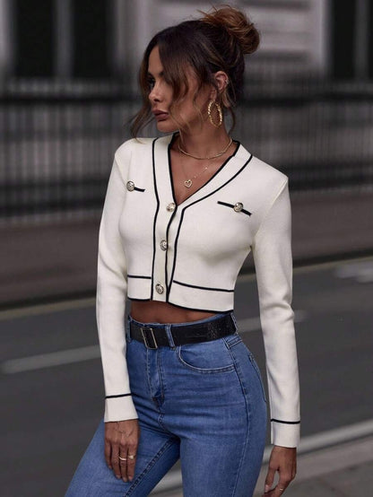 Women's Cropped V-Neck Cardigan Contrast Trim Button Sweater