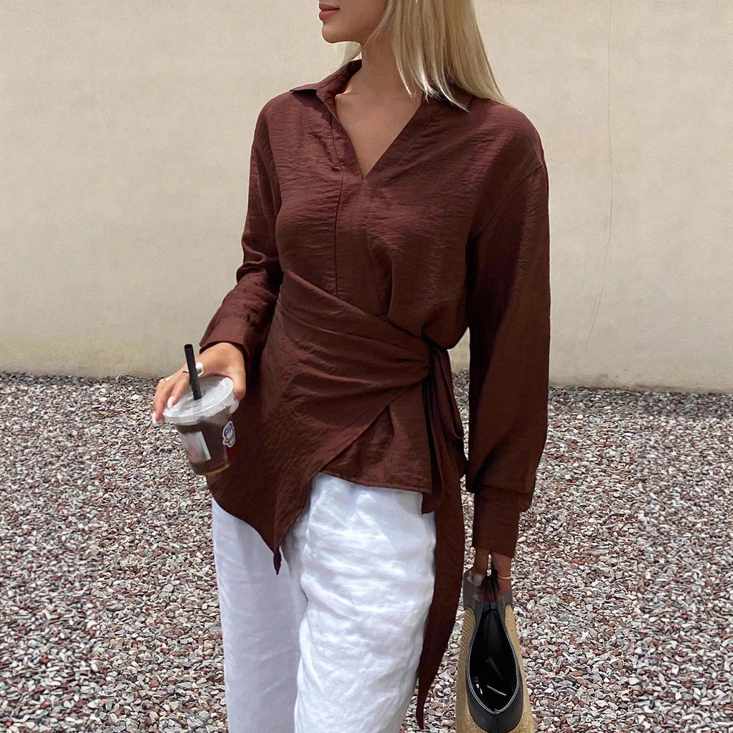 Women's Asymmetrical Wrap Blouse Tie Waist Long Sleeve