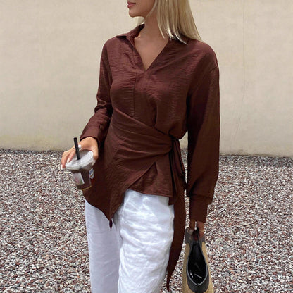 Women's Asymmetrical Wrap Blouse Tie Waist Long Sleeve