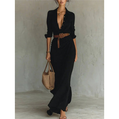 Elegant Belted Shirt Dress Long Sleeve Ruched Maxi