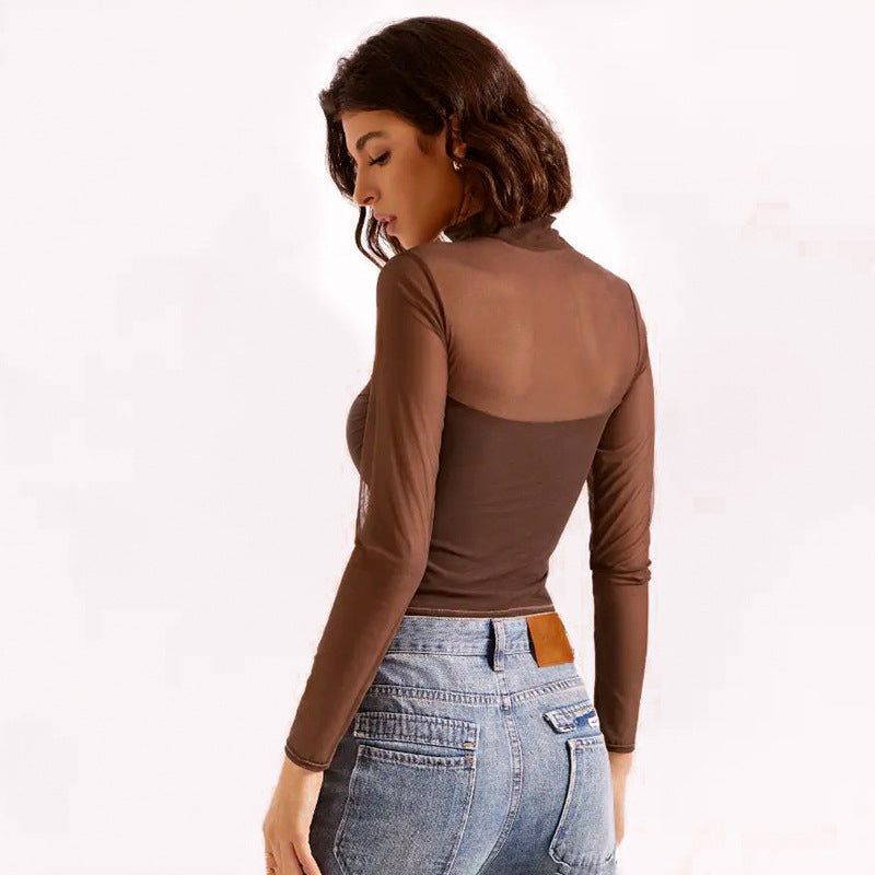 Sexy Sheer Mesh Mock Neck Long Sleeve Crop Top