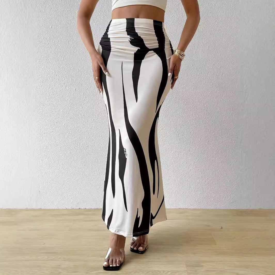 Zebra Print High Waist Ruched Bodycon Maxi Skirt