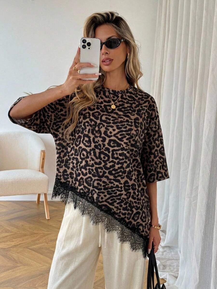 Lace Trim T Shirt Loose Fit Short Sleeve Top