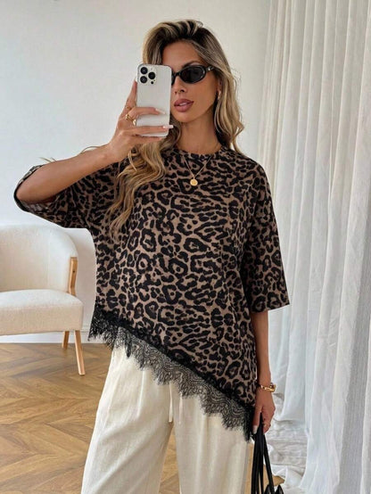 Lace Trim T Shirt Loose Fit Short Sleeve Top