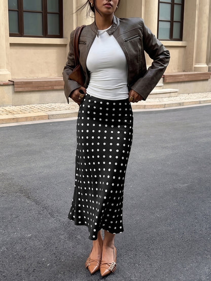 Polka Dot Satin Midi Skirt Mermaid Hem A Line