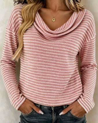 Women's Cowl Neck Striped Long Sleeve Knit Sweater