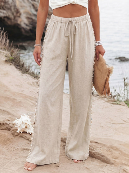 Boho Beach Wide Leg Pants Shell Trim Drawstring