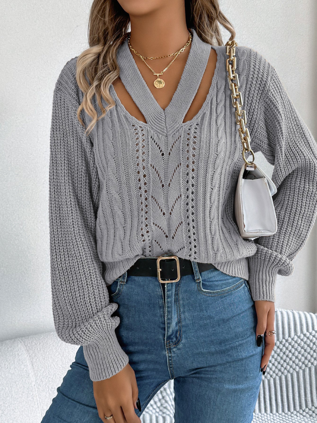 Hollow Out V Neck Cable Knit Lantern Sleeve Sweater