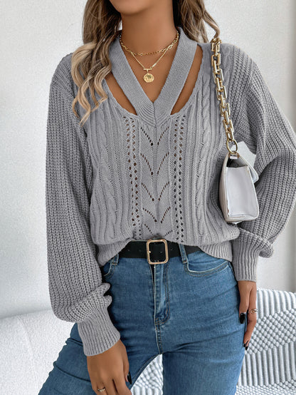 Hollow Out V Neck Cable Knit Lantern Sleeve Sweater
