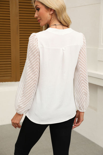 Chiffon Lace V-Neck Top Long Sleeve Balloon Sleeve Blouse