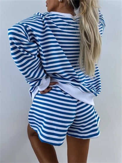 Striped V Neck Shorts Set Resort Lounge Two Piece