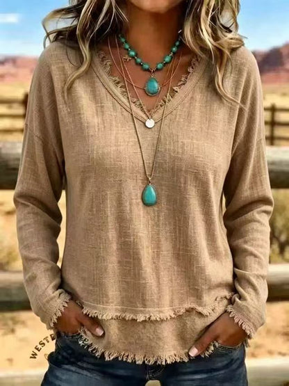 Women's Oversized V Neck Frayed Hem Long Sleeve Top