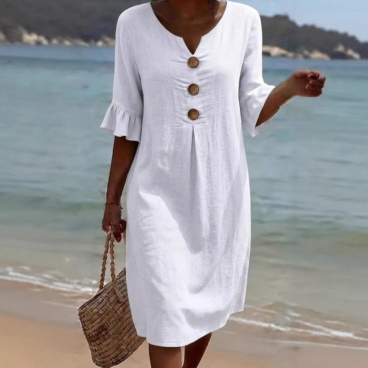 Women's Linen V-Neck Button Ruffle Sleeve Midi Dress
