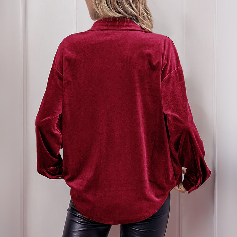 Velvet Button Down Lantern Sleeve Collared Blouse