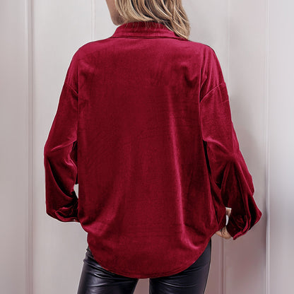Velvet Button Down Lantern Sleeve Collared Blouse
