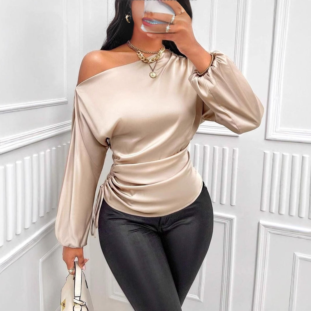 Women's Satin One Shoulder Long Sleeve Ruched Top