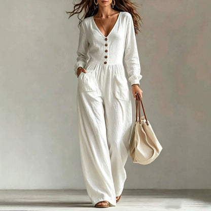 Women's V-Neck Button Front Wide Leg Long Sleeve Jumpsuit