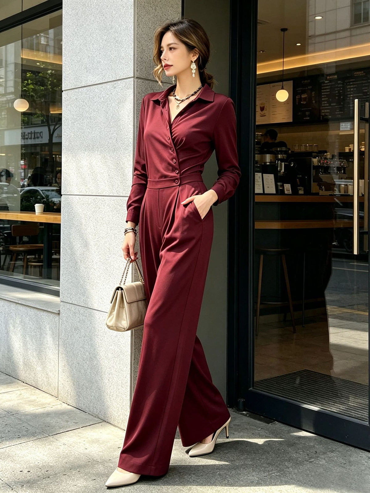 Elegant Minimalist High Waist Wide Leg Long Sleeve Jumpsuit