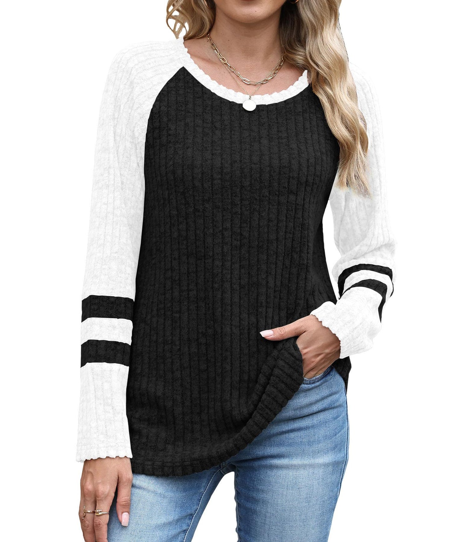 Colorblock Ribbed Knit Sweater Women Casual Pullover Top