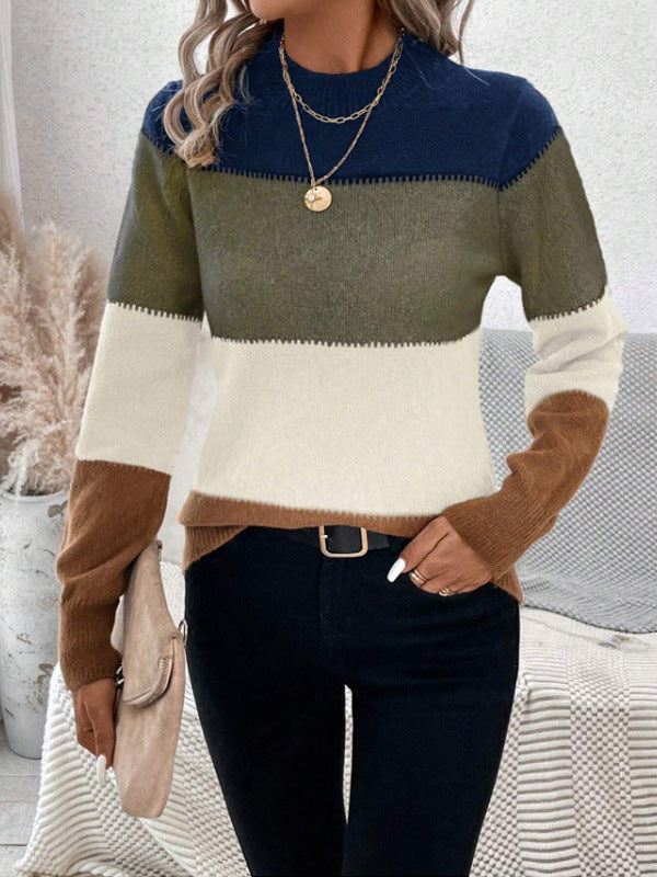 Women's Color Block Crew Neck Oversized Knit Sweater