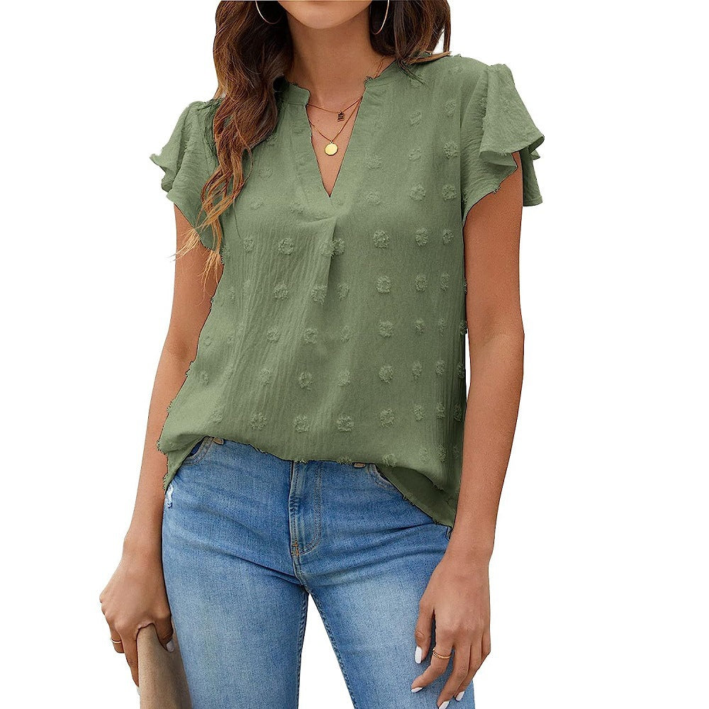 Women's V-Neck Pleated Sleeve Top with Pom Poms - Perfect for Summer