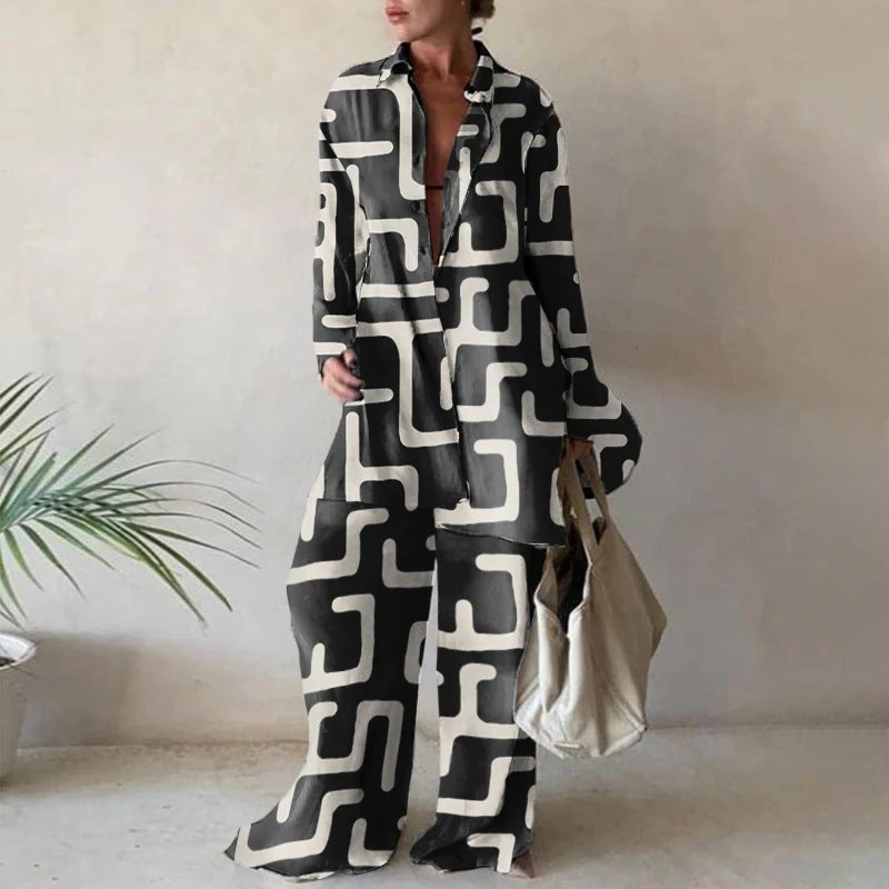 Matching Set Abstract Print Oversized Shirt Wide Leg Pants