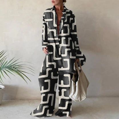 Matching Set Abstract Print Oversized Shirt Wide Leg Pants