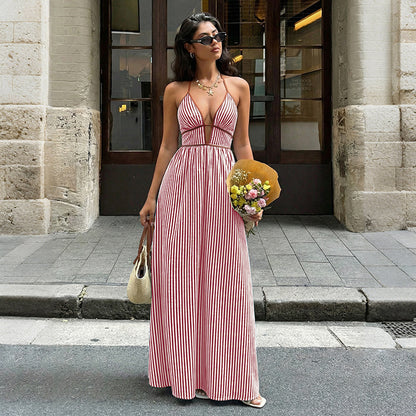 Striped Halter Backless Maxi Dress Deep V Resort Dress