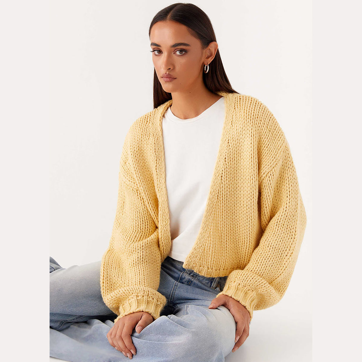 Women's Chunky Knit Cropped Open Front Cardigan