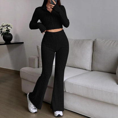 Women's Ribbed Zip-Up Crop Top Flare Pants Two Piece Set