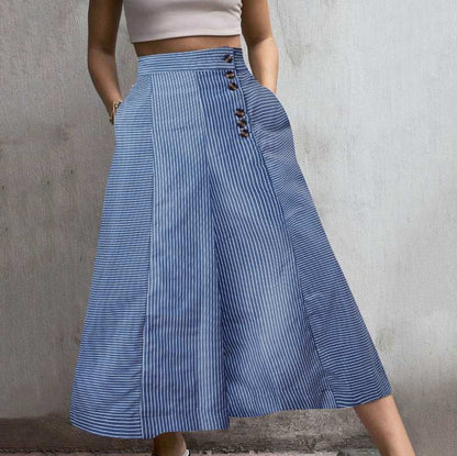 Women's Striped High Waist Wide Leg Pants Button Detail