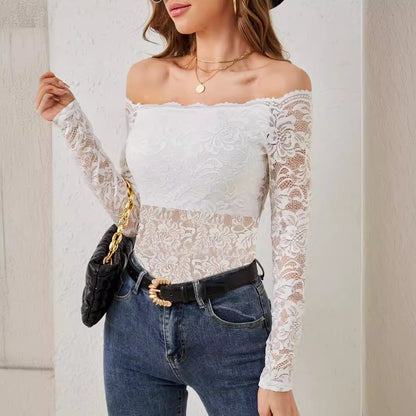 Women's Off-Shoulder Lace Slim-Fit Long-Sleeve Top