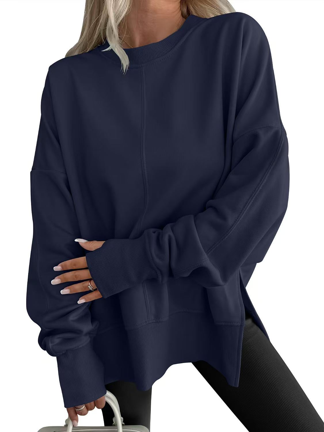 Women's Oversized Fleece Crewneck Sweatshirt Side Slit