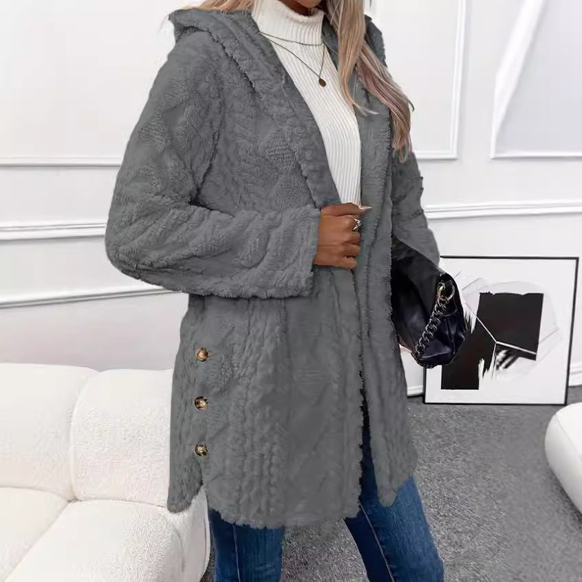 Women's Hooded Fleece Button Up Cardigan Jacket