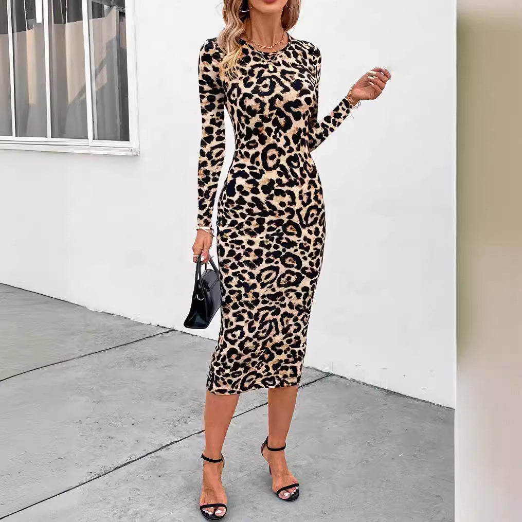 Leopard Print Long Sleeve Bodycon Slit Midi Dress