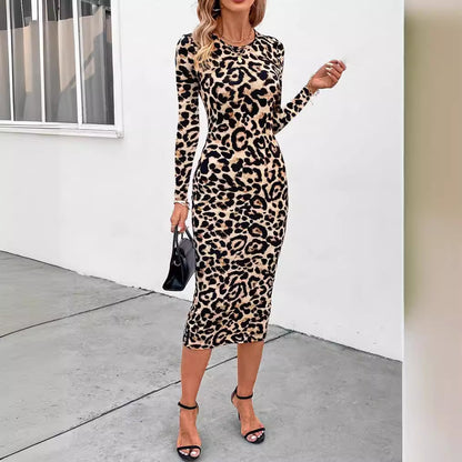 Leopard Print Long Sleeve Bodycon Slit Midi Dress