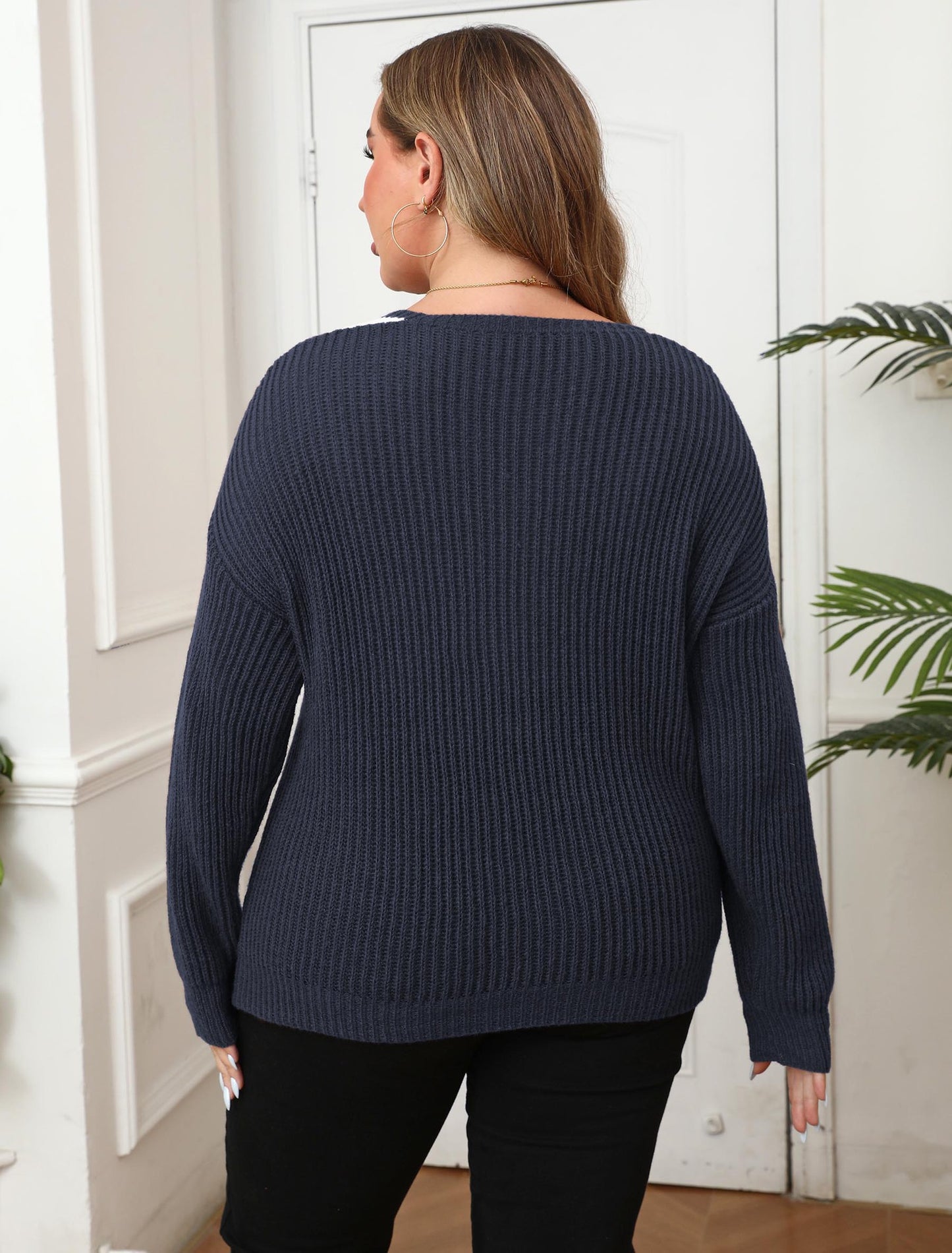 Plus Size V Neck Knit Sweater with Pearl Detail Color Block