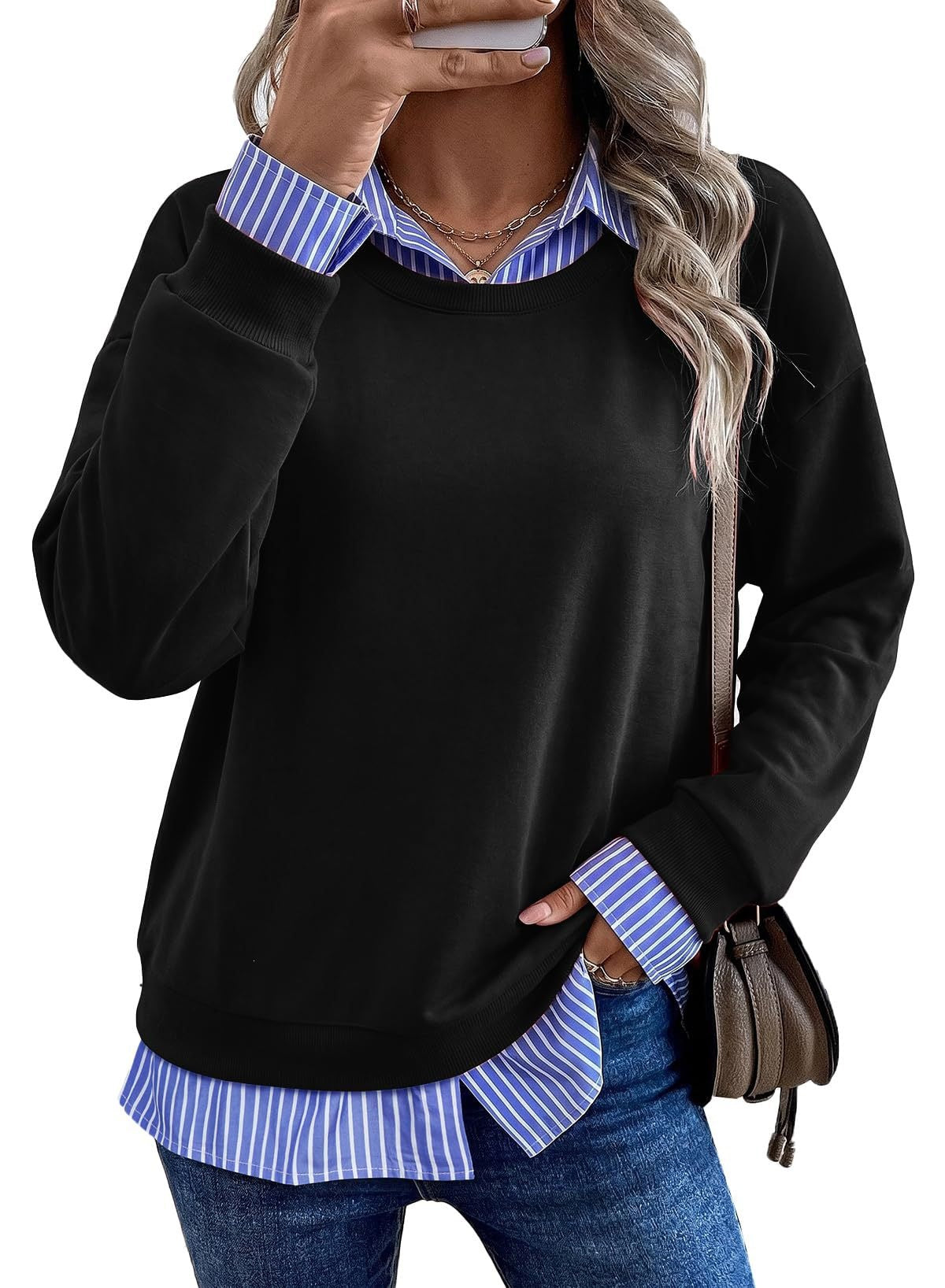 Faux Layered Sweatshirt Striped Collar Relaxed Fit