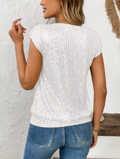 Women's V-Neck Sequin Tank Top – Sleeveless Summer Party Blouse