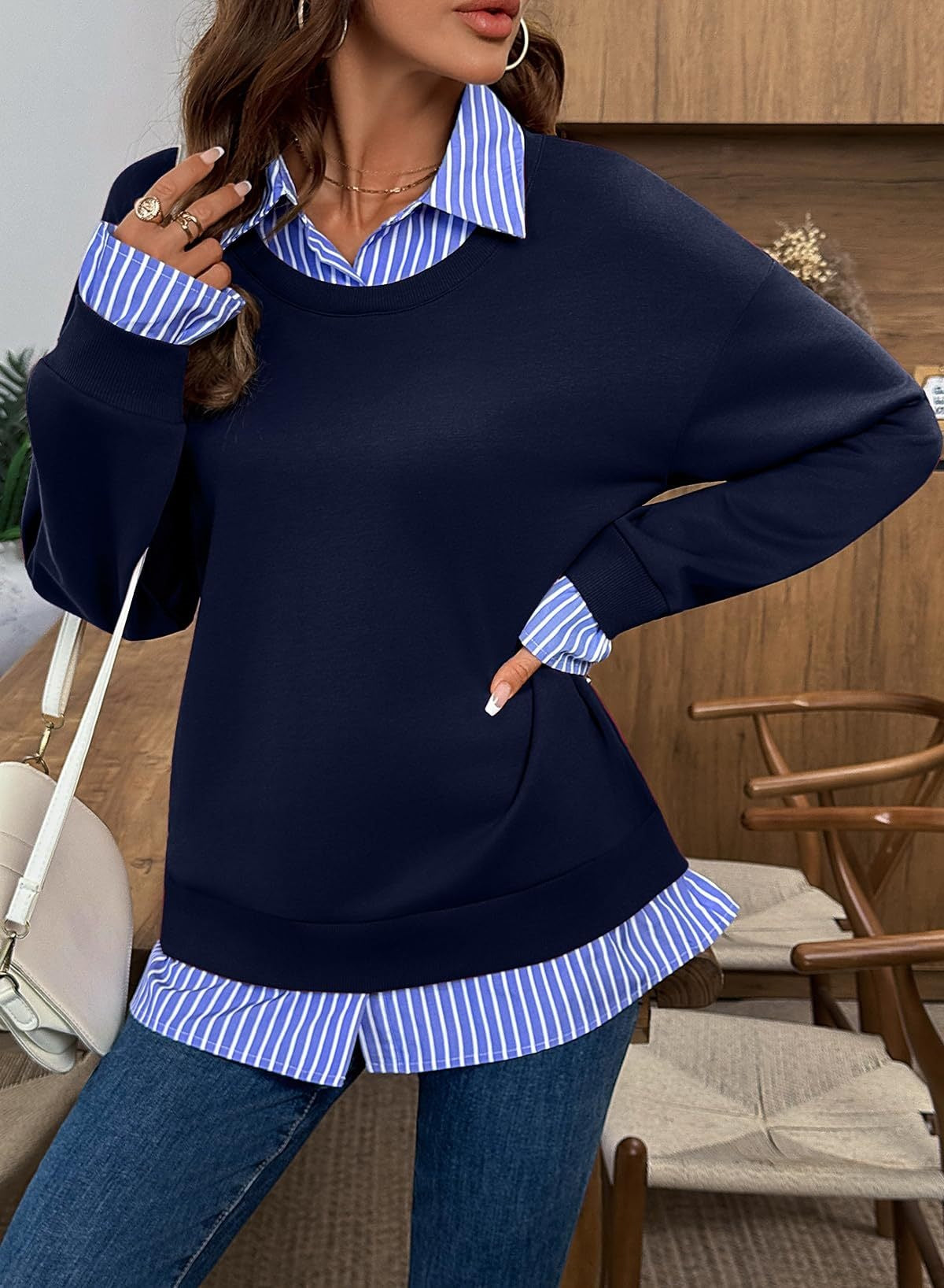 Faux Layered Sweatshirt Striped Collar Relaxed Fit