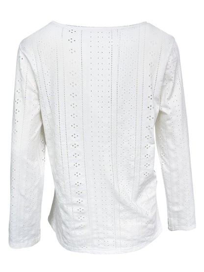 Women's V-Neck Button Jacquard Long Sleeve Top White