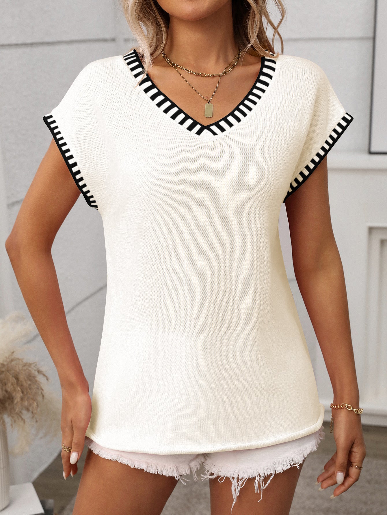 Striped V Neck Knit Top Short Sleeve Casual Sweater