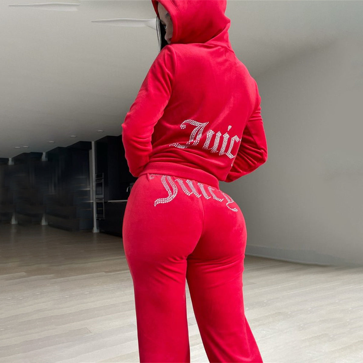 Women's Rhinestone Velour Tracksuit Hoodie & Pants Set