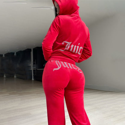 Women's Rhinestone Velour Tracksuit Hoodie & Pants Set