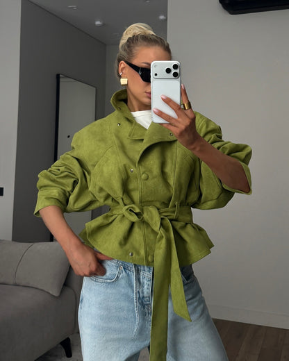 Women's Belted Cropped Jacket Stand Collar Trench Coat