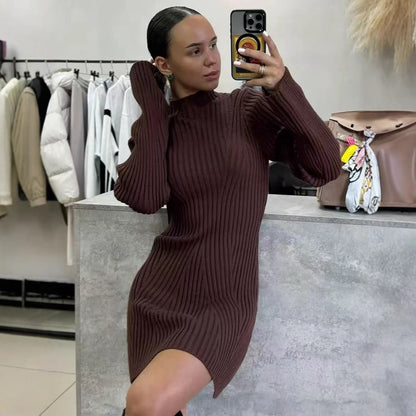 Women's Long Sleeve Ribbed Mock Neck Bodycon Mini Dress