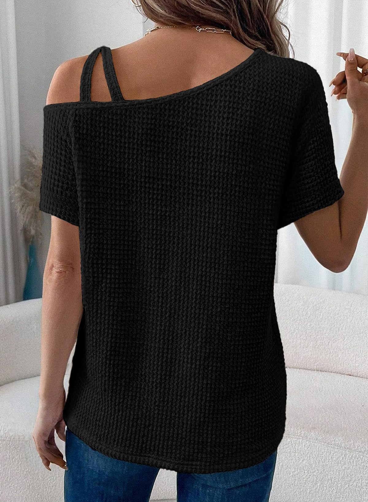 Women's Off-Shoulder Knit Top – Casual Summer Short Sleeve Blouse