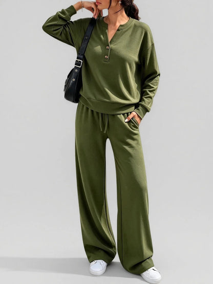 Women's Matching Lounge Set Henley Top Wide Leg Pants