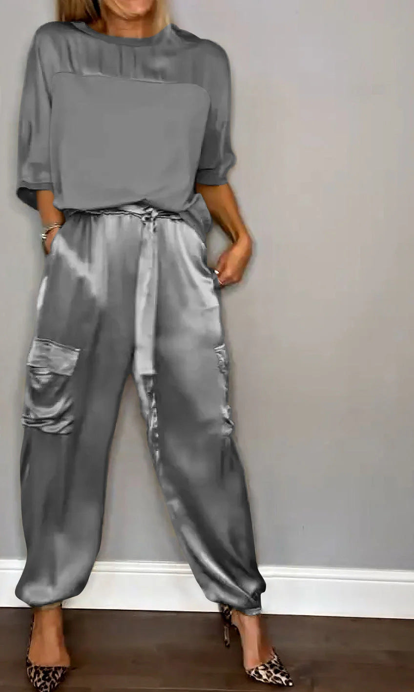 Women's Satin Two-Piece Jogger Set Short Sleeve Pockets
